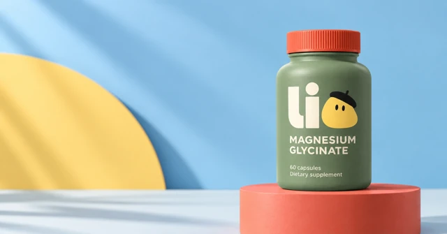 A Lio bottle on a coral plinth against a sky-blue wall.