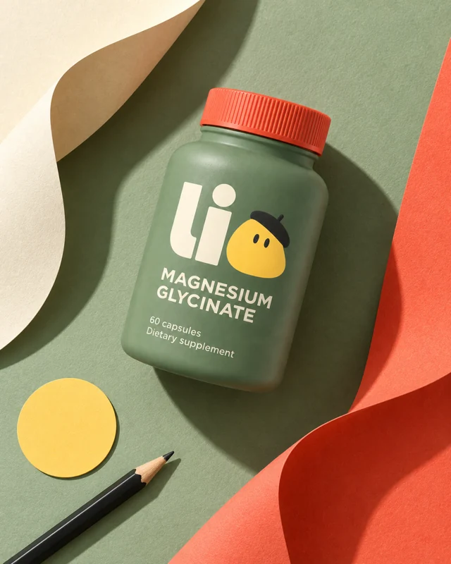 A Lio bottle on a yellow plinth against a sky-blue backdrop.