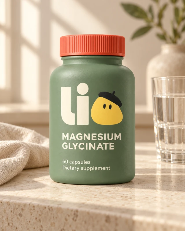 A Lio bottle on a sunlit cream kitchen counter beside water and linen.
