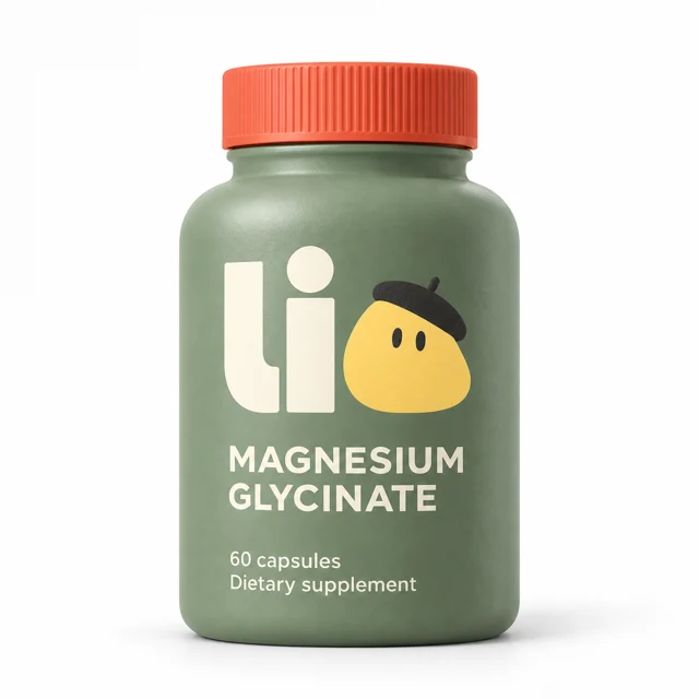 The Lio concept product reference: a sage Magnesium Glycinate bottle with a coral cap and a yellow beret character as the logo’s o.