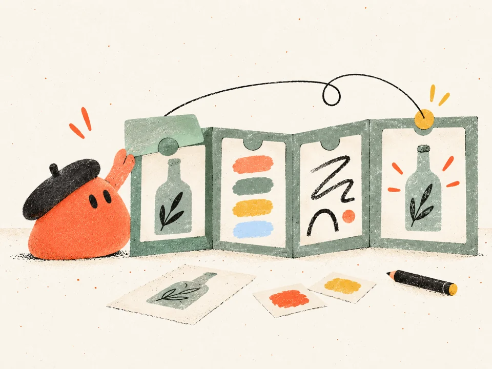 Illustrated Elio keeps a brand’s product reference, palette and approved artwork together in a portfolio.