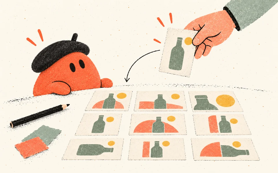 Illustrated Elio turns one product reference into a coordinated set of campaign compositions at a studio table.