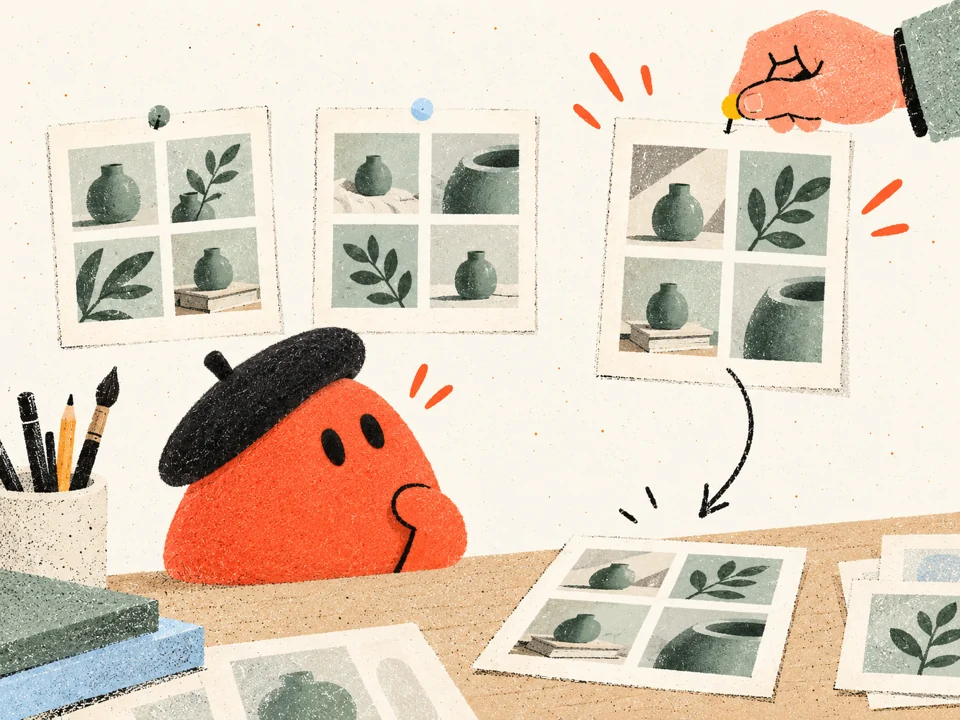 Illustrated Elio selects a campaign proof and uses its visual direction for the next round.