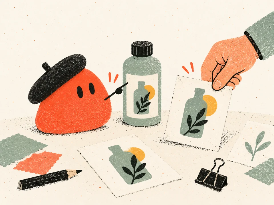 Illustrated Elio and a human collaborator plan a product image pilot at a studio desk.