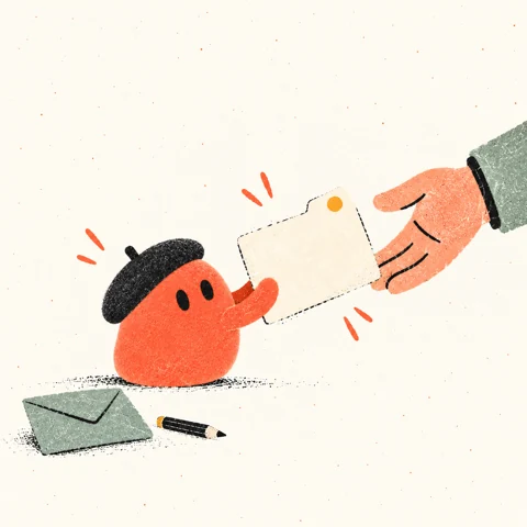 Illustrated Elio hands a closed personal folder back to its owner.