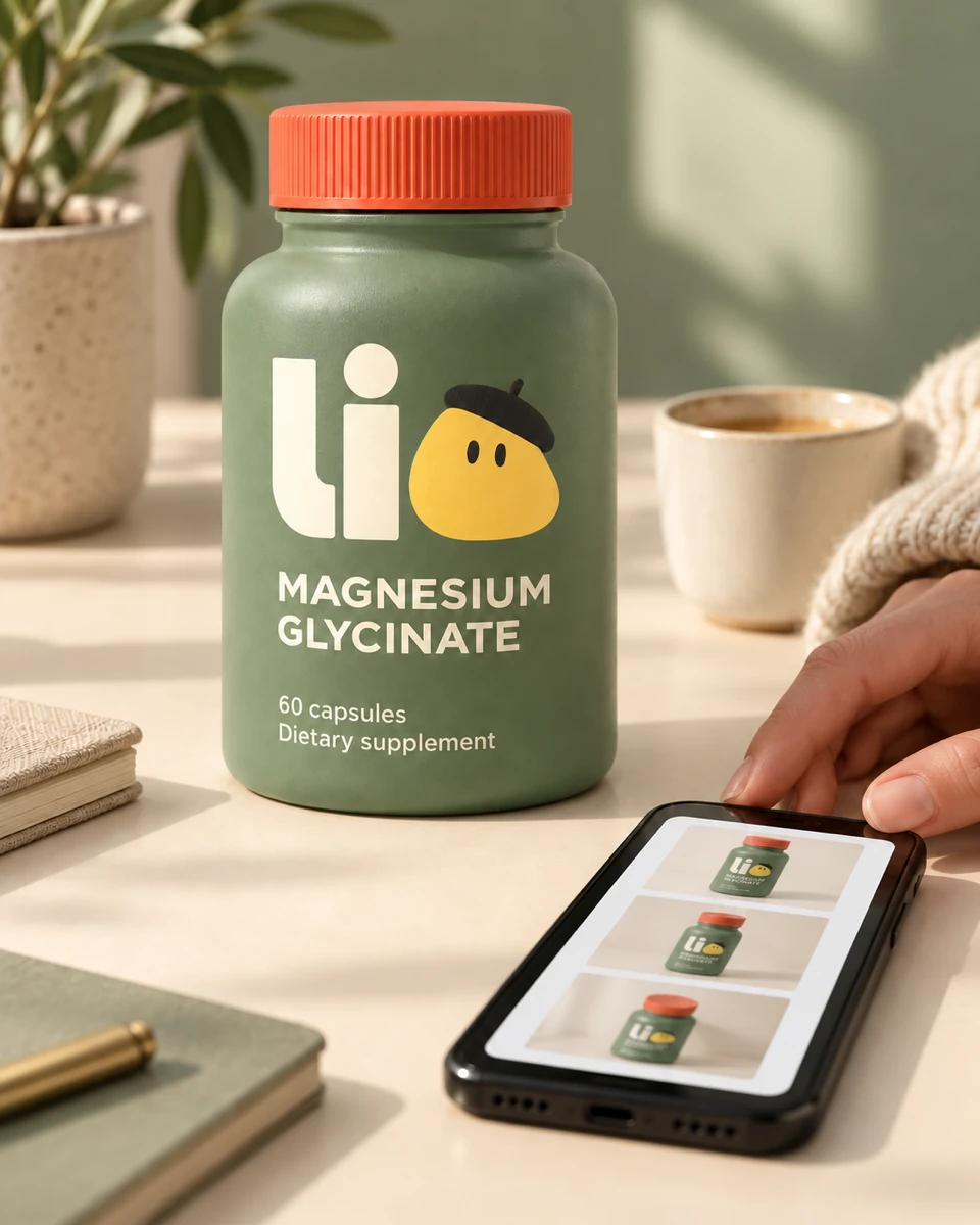 A Lio bottle beside a phone showing example product photos for review.