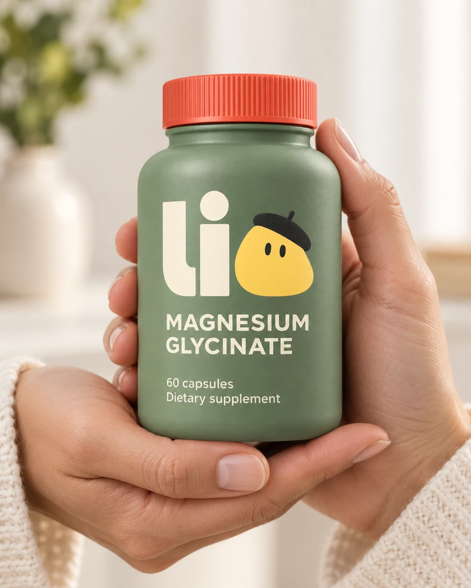 Two hands holding a Lio Magnesium Glycinate bottle with its front label visible.