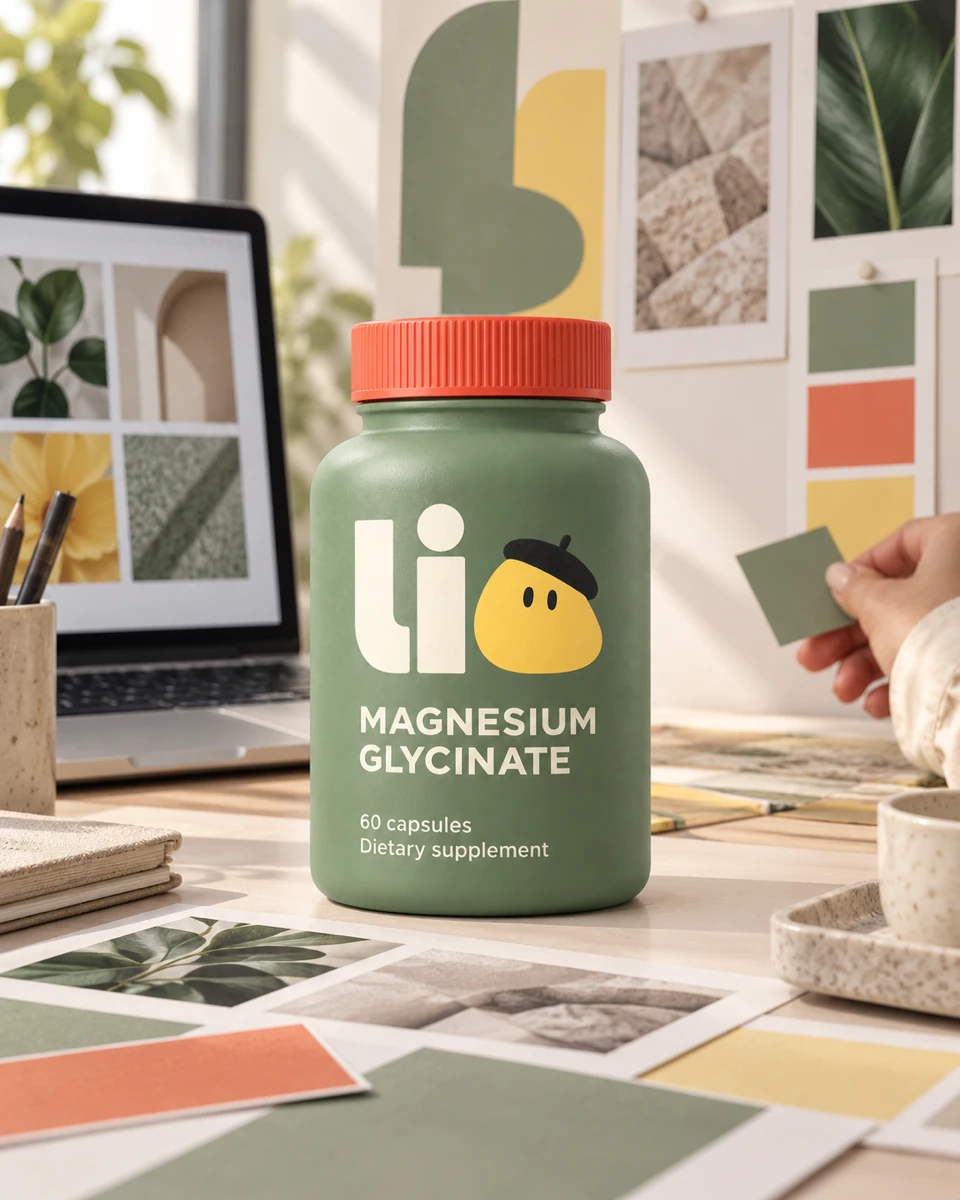 A Lio bottle with sage, coral and yellow swatches beside a studio moodboard.