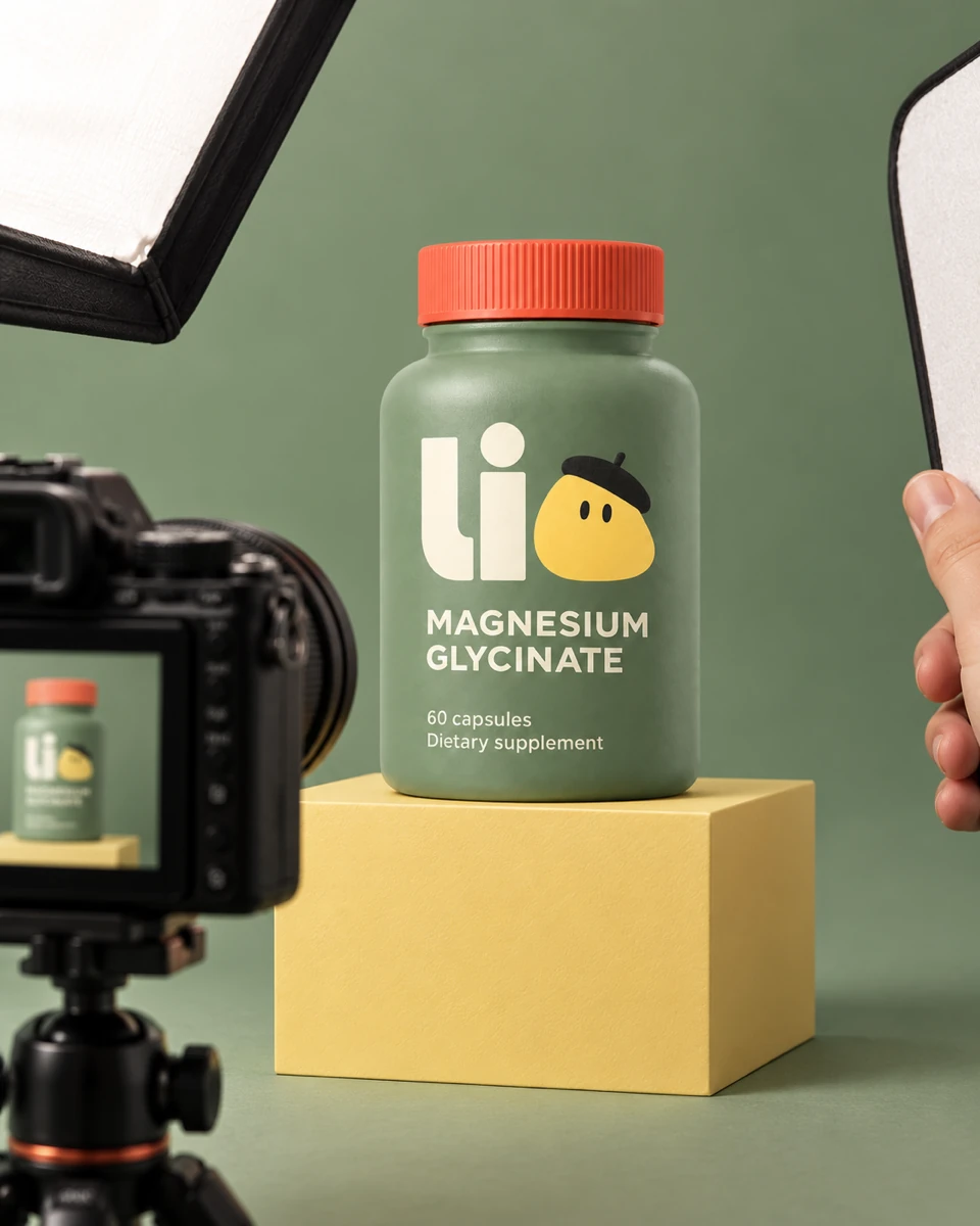 A Lio bottle on a yellow plinth in a studio photography setup.